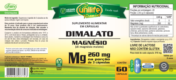 Magnésio Dimalato - 60 cápsulas 800 mg | Unilife - Imagem 2