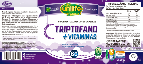 Triptofano com Vitaminas - 60 CAPS - 400 mg | Unilife - Imagem 2