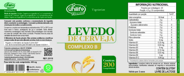 Levedo de Cerveja Complexo B - 200 comprimidos 450 mg | Unilife - Imagem 2