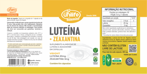 Luteína e Zeaxantina - 60 cápsulas 400 mg | Unilife - Imagem 2