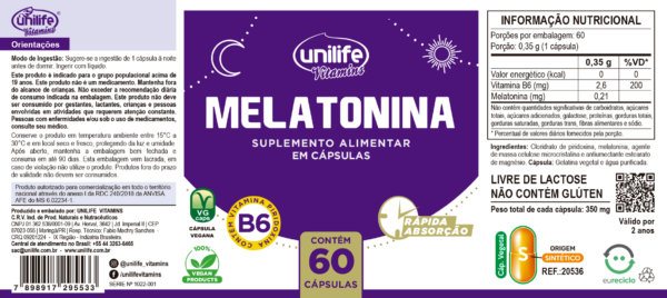 Melatonina com Vitamina B6 - 60 cápsulas 350 mg | Unilife - Imagem 2