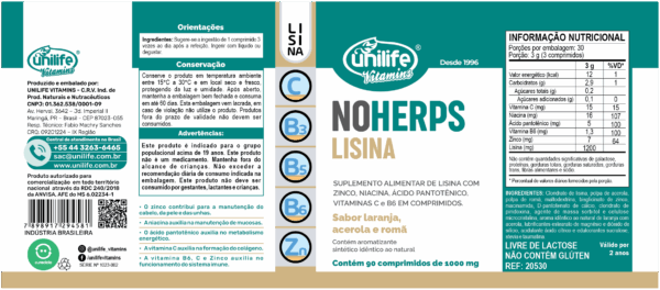NoHerps - Lisina com Vitaminas 90 comprimidos 1000 mg | Unilife - Imagem 2