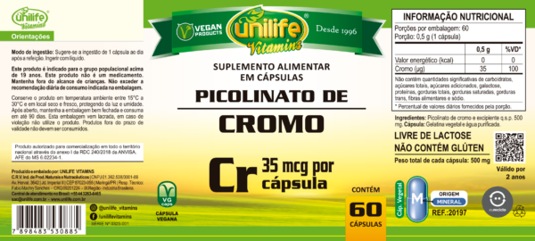 Picolinato de Cromo - 60 cápsulas 500 mg | Unilife - Imagem 2
