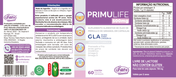 PrimuLife GLA - Óleo de Prímula e Girassol - 60 cápsulas 500 mg | Unilife - Imagem 2