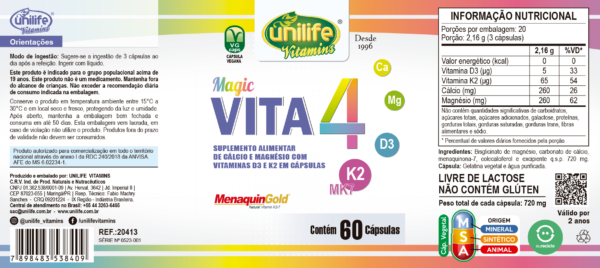 Magic Vita4 - Cálcio, Magnésio, Vitaminas D3 e K2 - 60 cápsulas 710 mg | Unilife - Imagem 2