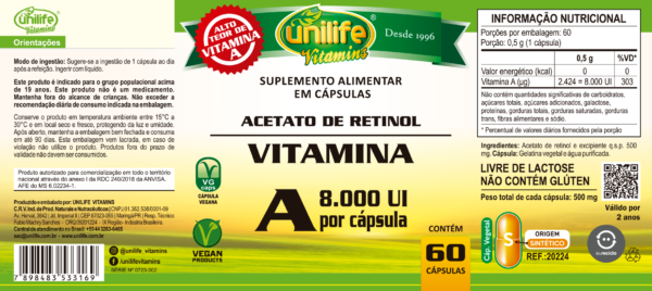 Vitamina A - Acetato de Retinol - 60 cápsulas 500 mg | Unilife - Imagem 2