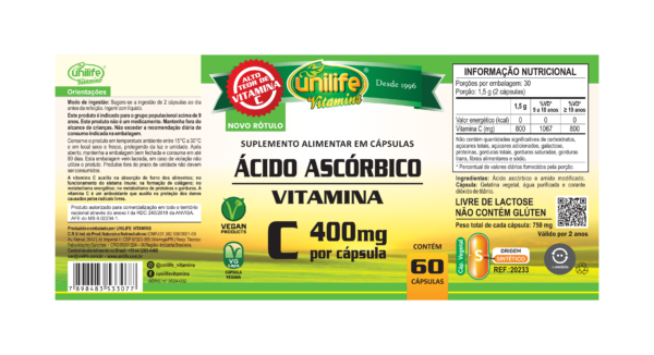 Vitamina C 400 mg - Ácido Ascórbico - 60 cápsulas 750 mg | Unilife - Imagem 2