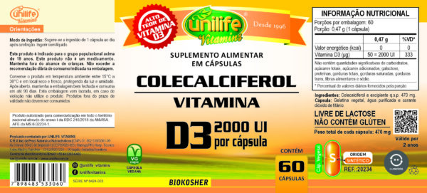 Vitamina D3 2000UI/cápsula - Colecalciferol - 60 cápsulas 470 mg | Unilife - Imagem 2