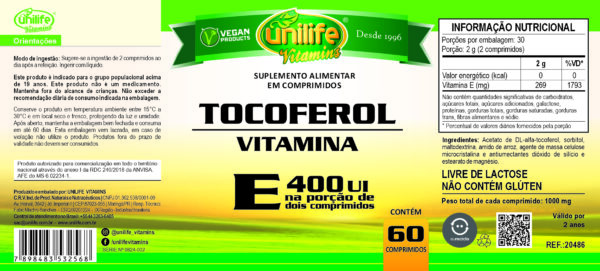 Vitamina E - Tocoferol - 60 comprimidos 1000 mg | Unilife - Imagem 2