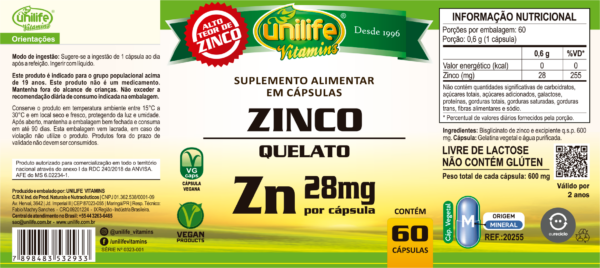 Zinco Quelato - 60 cápsulas 600 mg | Unilife - Imagem 2